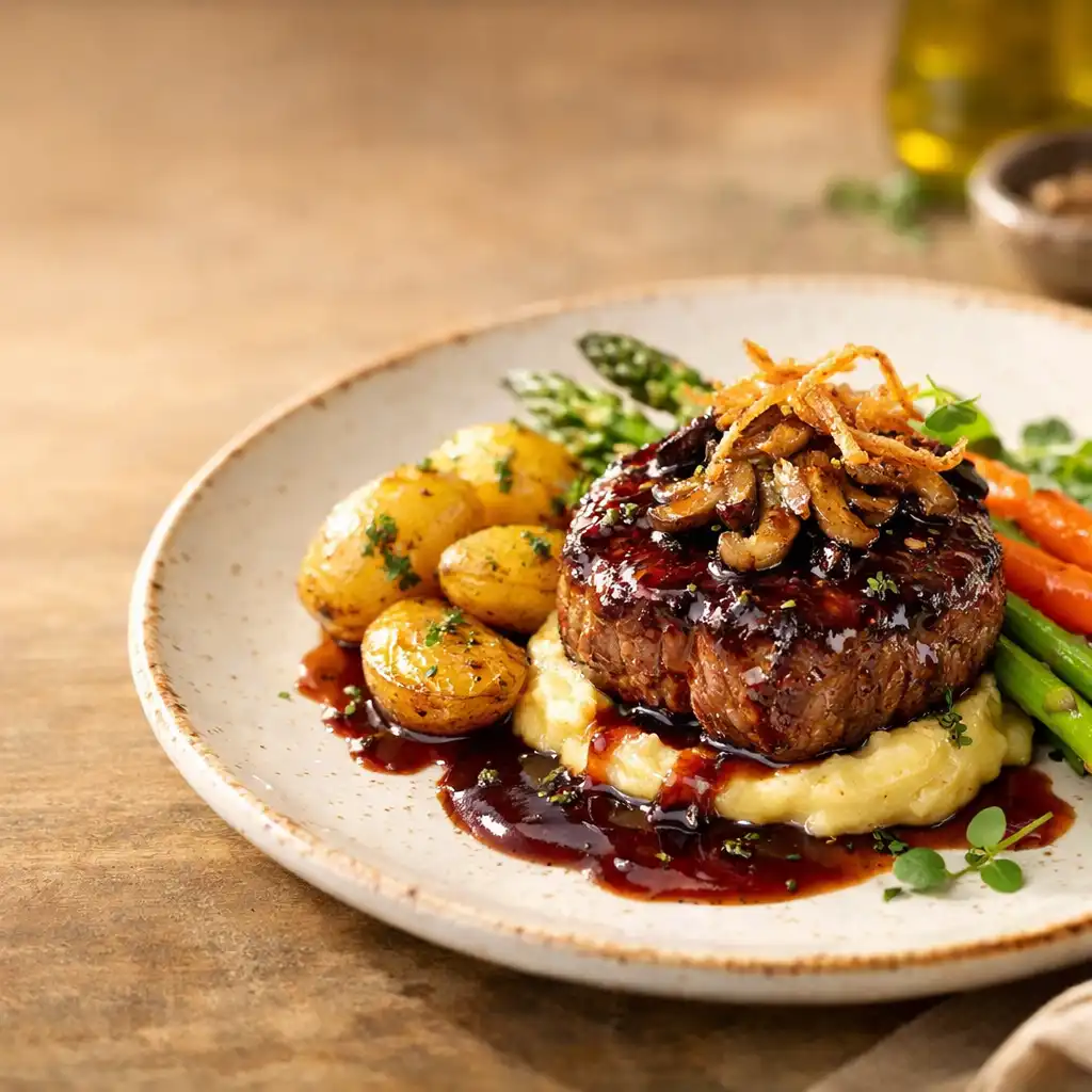 Eleganckie danie główne na talerzu w restauracji Smakowy Zakątek