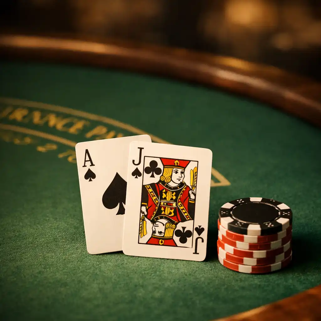 Karty i żetony na półokrągłym stole do blackjacka