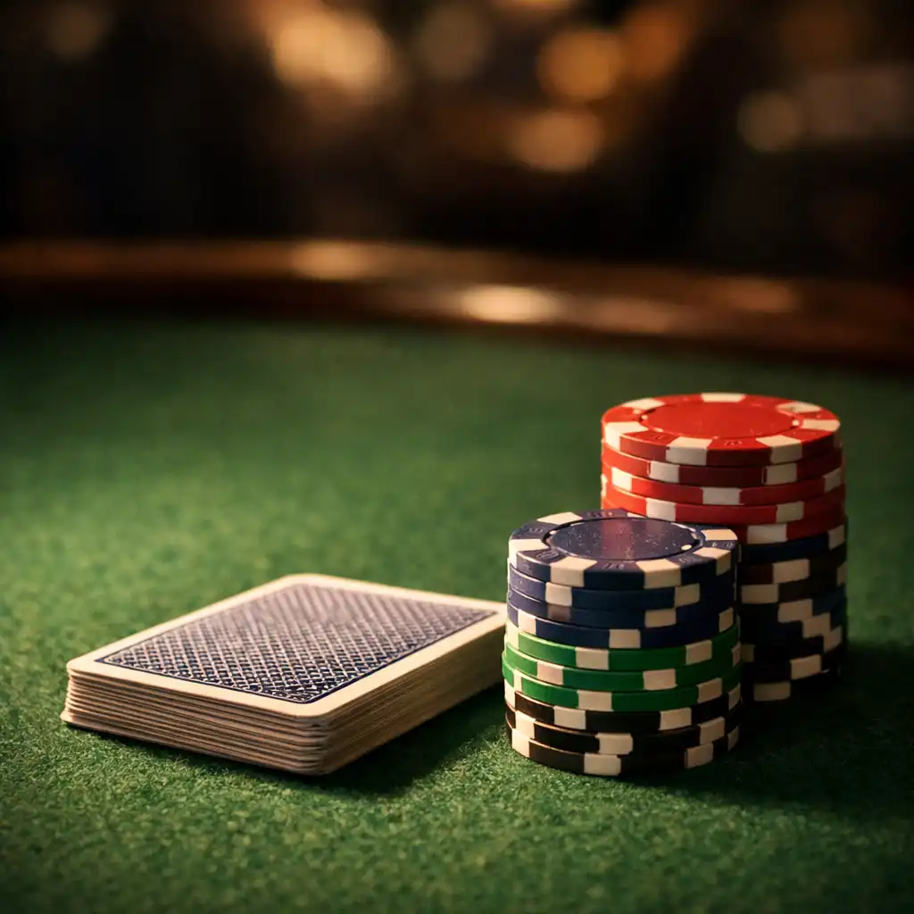 Karty i żetony na zielonym suknie stołu pokerowego