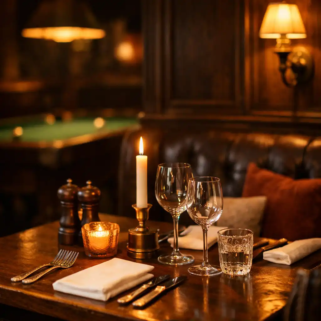Nakryty stół w ciepłym świetle restauracji Smakowy Zakątek