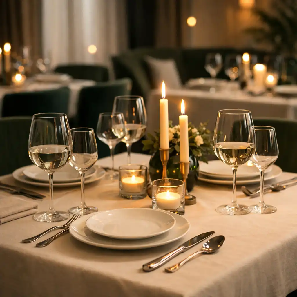 Nakryty stół w eleganckiej restauracji z białymi talerzami, sztućcami i świecami