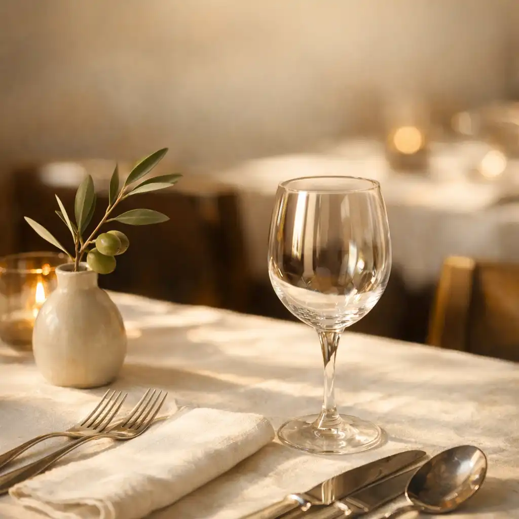 Elegancko nakryty stół restauracyjny z lnianym obrusem, sztućcami i kieliszkiem w ciepłym świetle