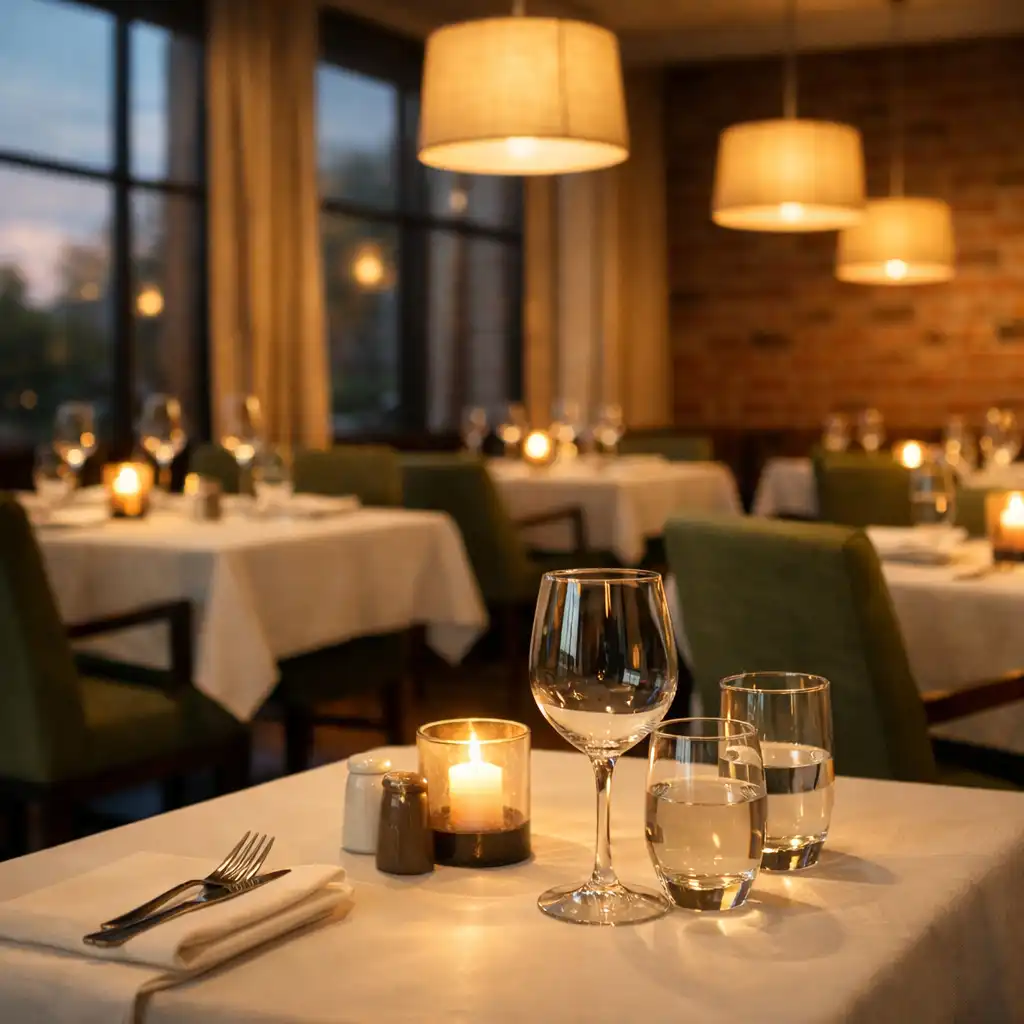 Sala główna restauracji Smakowy Zakątek z widokiem na stoliki, lampy i okna