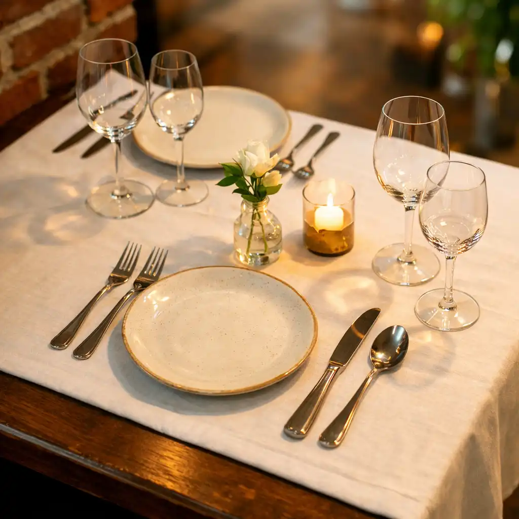 Nakryty stół w restauracji Smakowy Zakątek z elegancką zastawą, kieliszkami i świecą